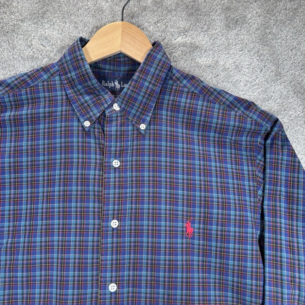 Vintage Polo Ralph Lauren Shirt Mens L Blue Plaid Long Sleeve Button Down 90s